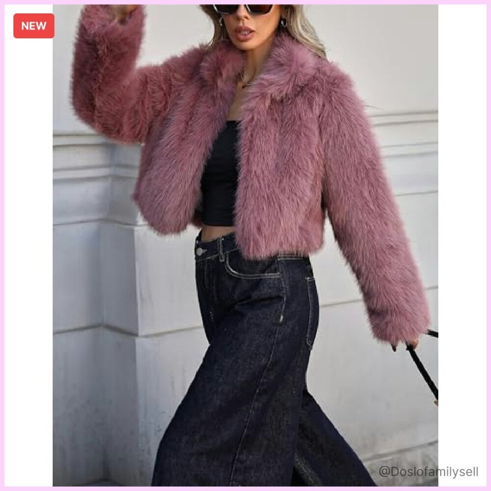 Stand Collar Faux Fur Jacket Long Sleeve Open Front Fluffy Elegant Winter Coat - Picture 4 of 8